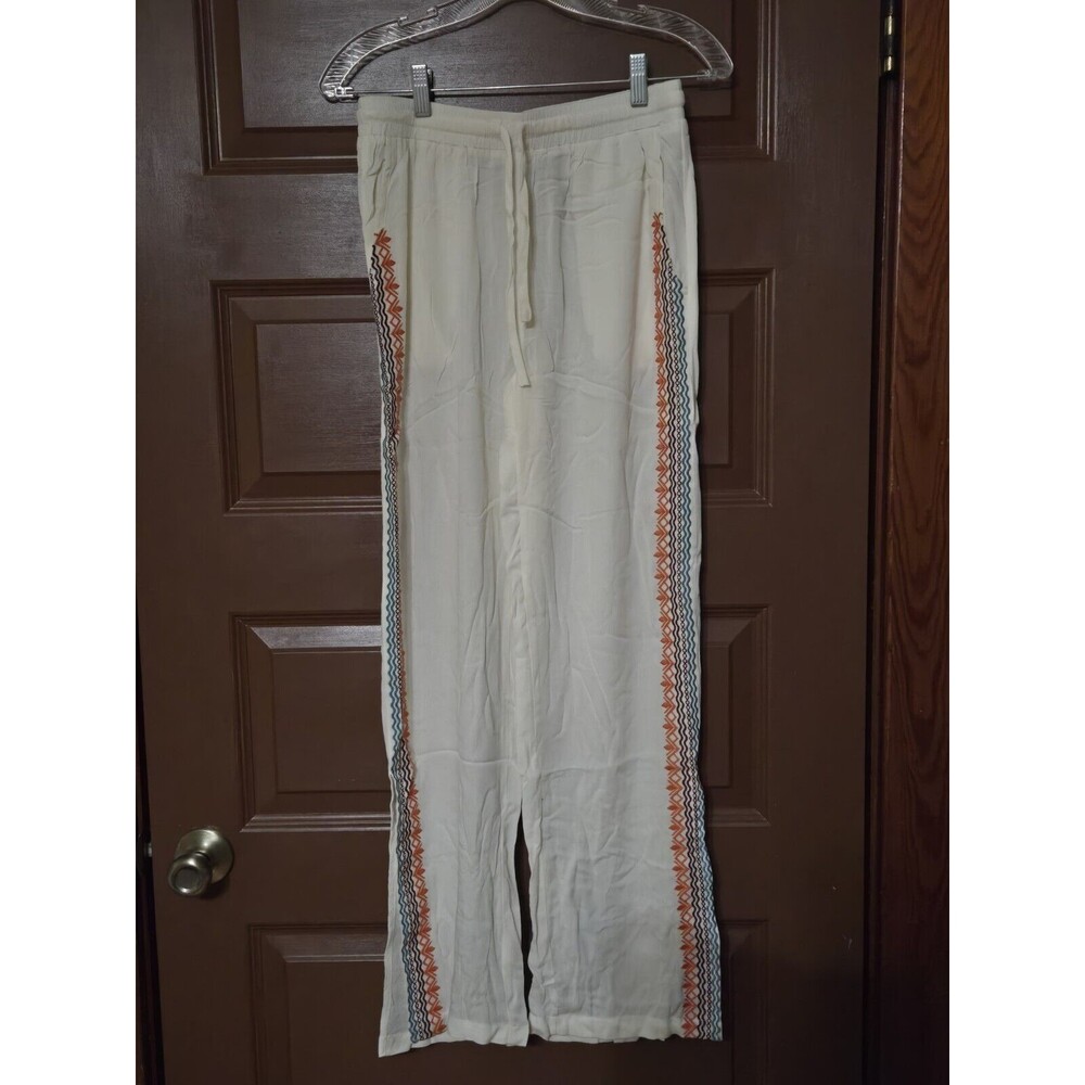 Time For Me Women's Drawstring Embroidered Pants White/Cream Size Small